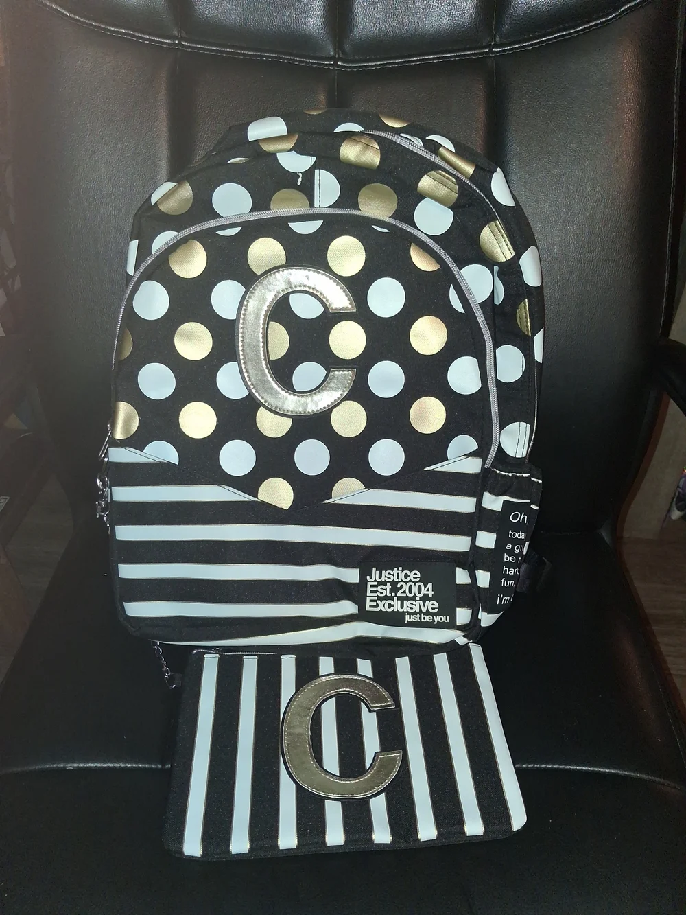 Justice Black, White & Gold Polka Dot Backpack with Matching Striped Wristlet
